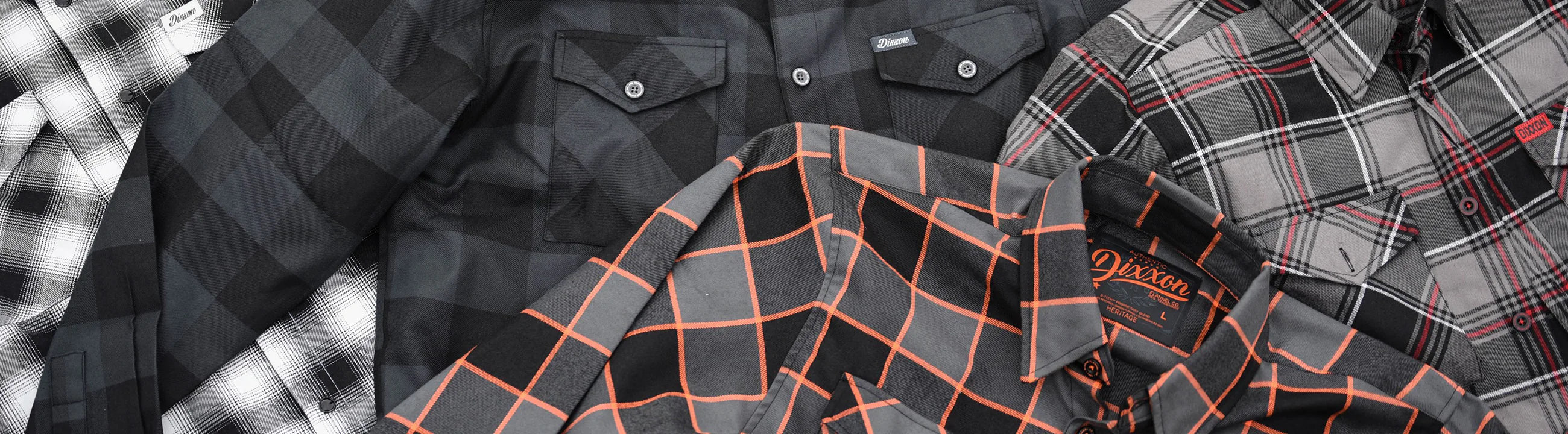 Collection of Dixxon Flannel plaid shirts with a focus on black and gray patterns.