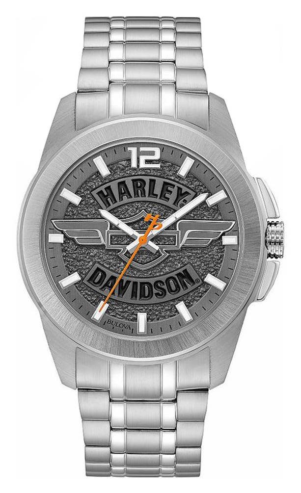HARLEY-DAVIDSON MENS WING BAR AND SHIELD STAINLESS WATCH