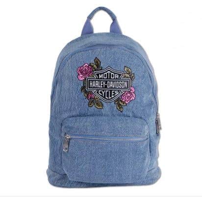 HARLEY-DAVIDSON WOMENS HARLEY DAVIDSON WOMENS EMBROIDERED ROSE DENIM BACKPACK