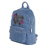 HARLEY-DAVIDSON WOMENS HARLEY DAVIDSON WOMENS EMBROIDERED ROSE DENIM BACKPACK