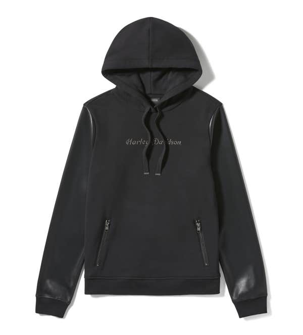 HARLEY-DAVIDSON WOMENS FAUX LEATHER SLEEVE PULLOVER HOODIE