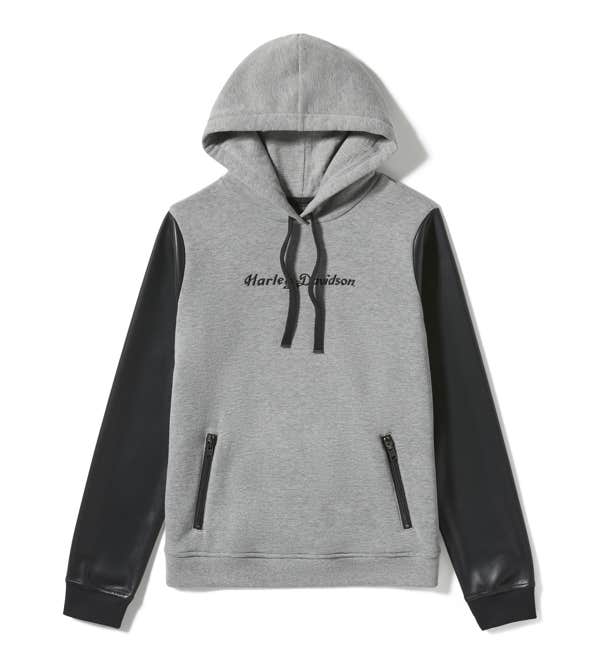 HARLEY-DAVIDSON WOMENS FAUX LEATHER SLEEVE PULLOVER HOODIE