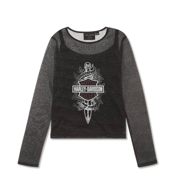 HARLEY-DAVIDSON WOMENS METALLIC DAGGER MESH LONG SLEEVE TOP