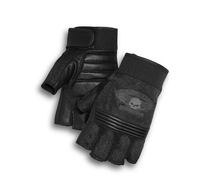 HARLEY-DAVIDSON MENS WINGED SKULL FINGERLESS GLOVES