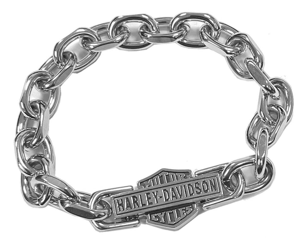 HARLEY-DAVIDSON MENS VINTAGE BAR & SHIELD LINK BRACELET- SILVER STAINLESS STEEL