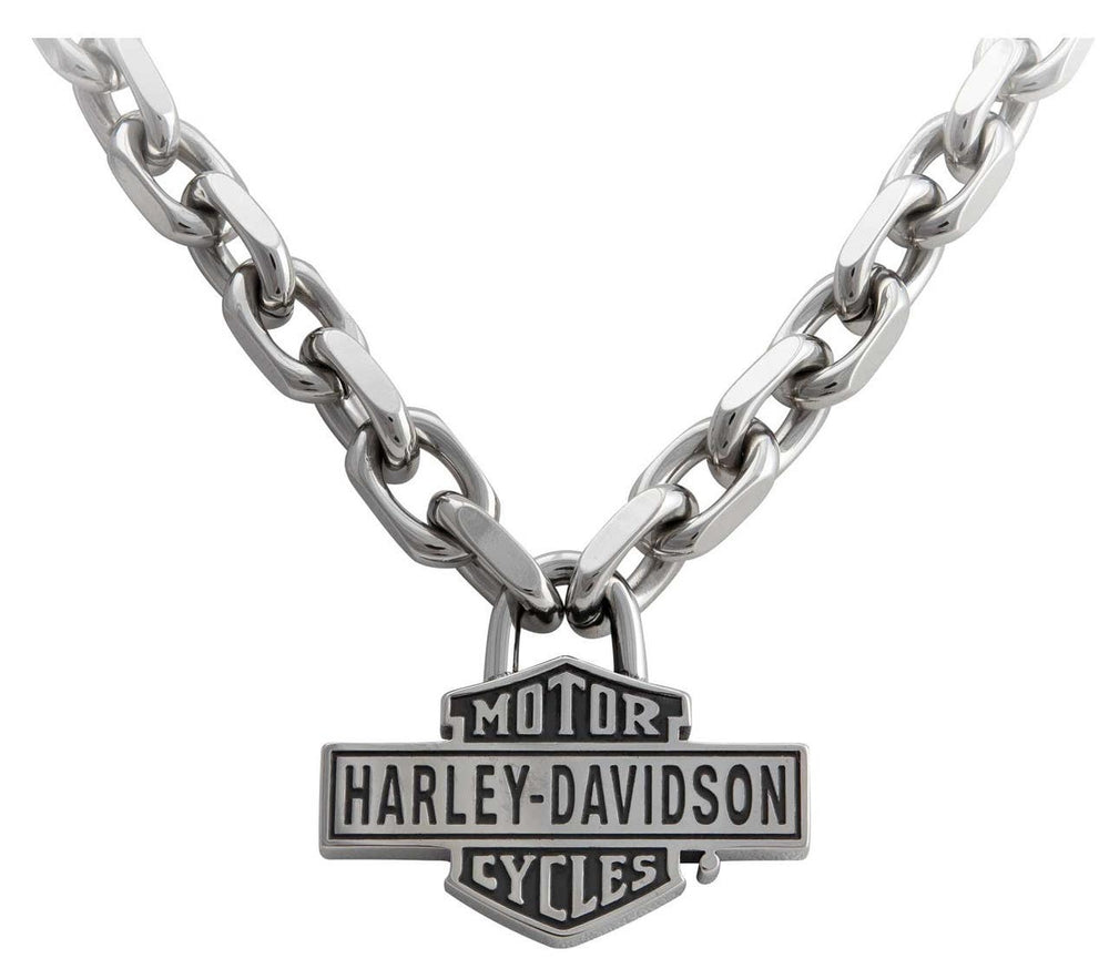 HARLEY-DAVIDSON MENS VINTAGE BAR & SHIELD LARGE LINK NECKLACE - STAINLESS STEEL