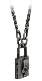 HARLEY-DAVIDSON MENS DEADLOCK SKULL PADLOCK CHAIN NECKLACE - STAINLESS STEEL