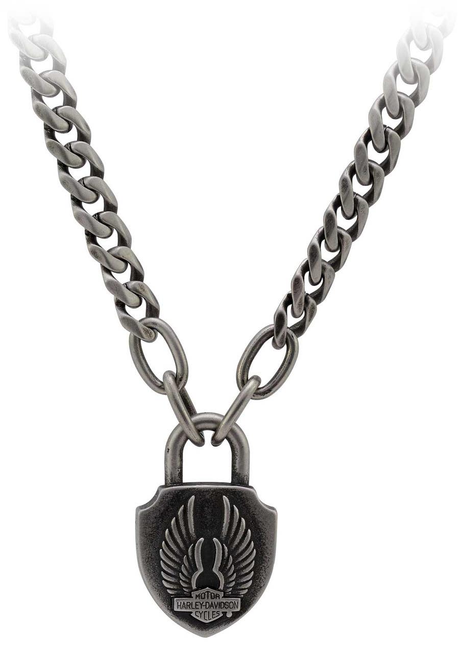 HARLEY-DAVIDSON MENS DEADLOCK WINGS PADLOCK CHAIN NECKLACE - STAINLESS STEEL