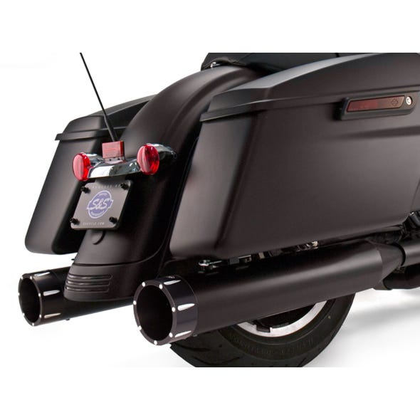 S&S CYCLE PERFORMANCE 4-1/2IN. MK45 SLIP-ON MUFFLERS - BLACK WITH BLACK TRACER END CAPS. FITS TOURING 1995-2016.