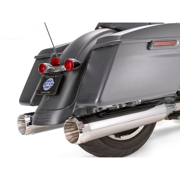 S&S CYCLE PERFORMANCE 4-1/2IN. MK45 SLIP-ON MUFFLERS - CHROME WITH CHROME THRUSTER END CAPS. FITS TOURING 2017UP.