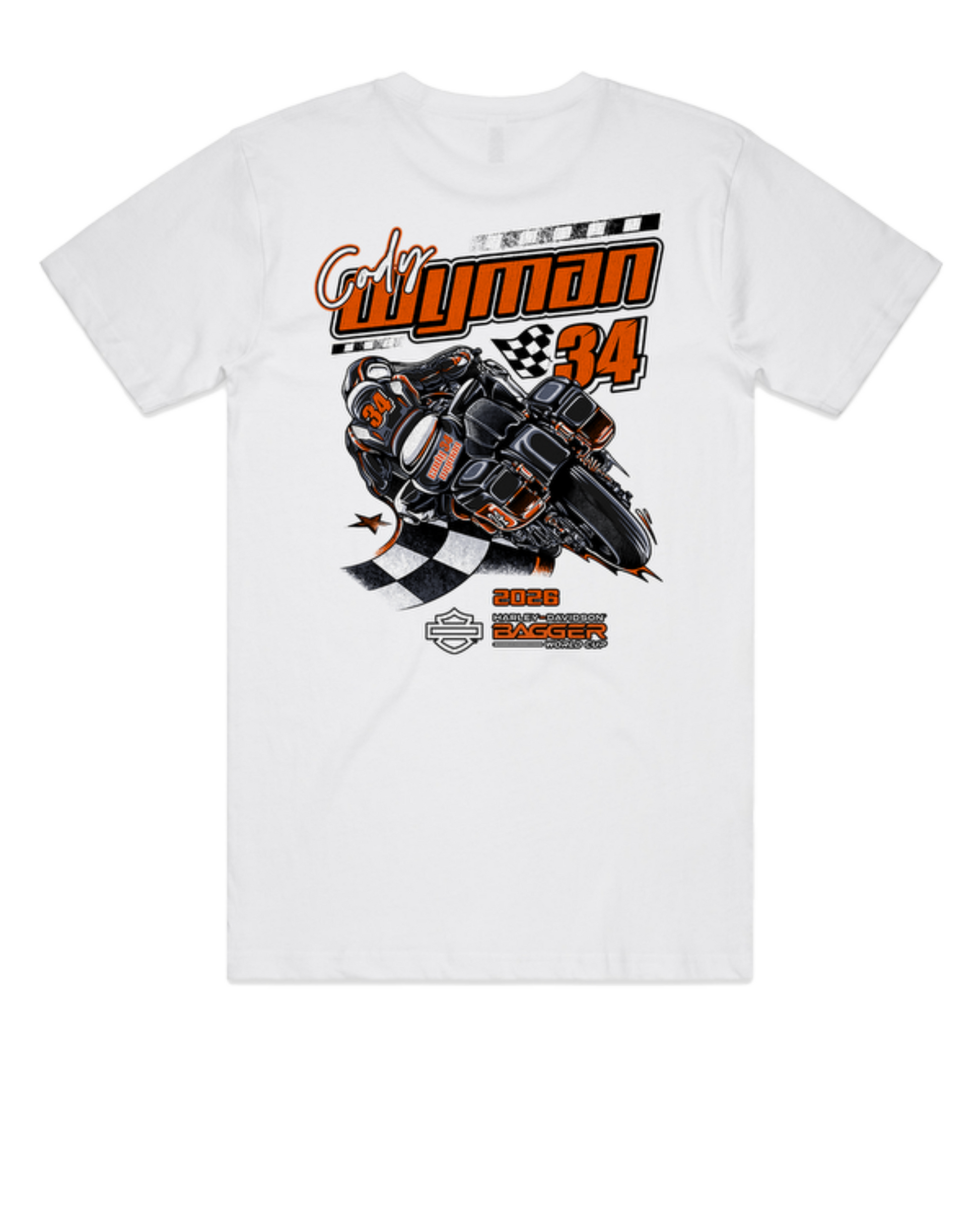 Joe Rascal Racing Cody Wyman #34 Official Bagger World Cup Tee - White