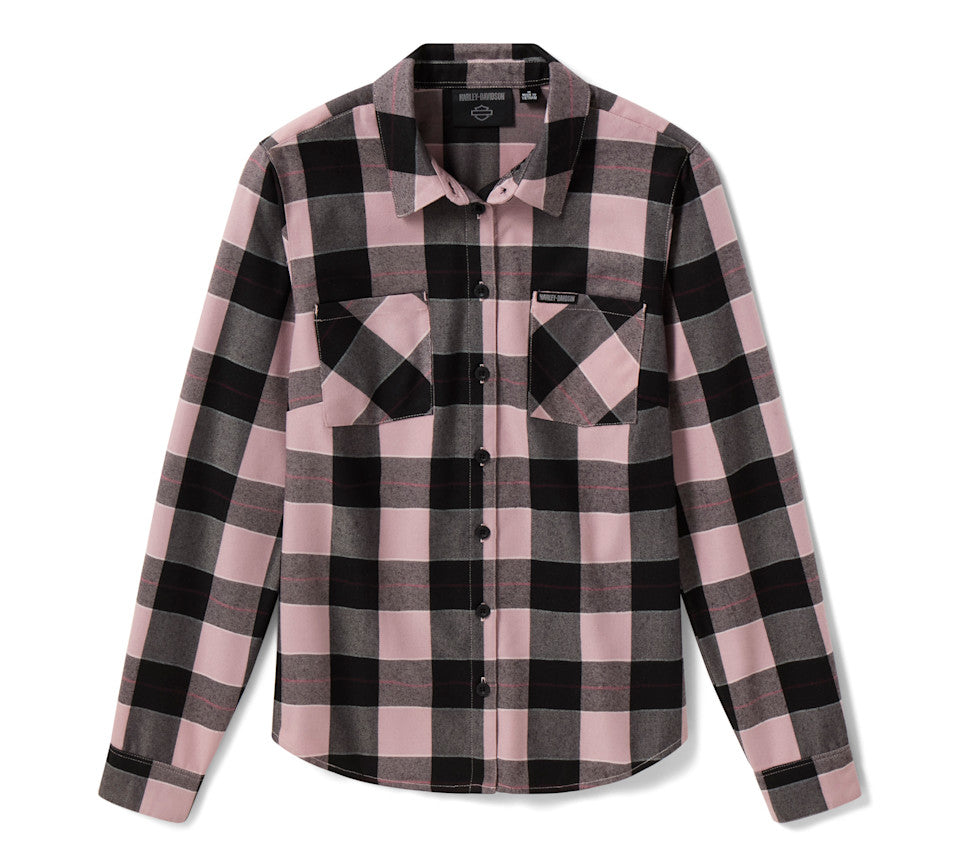 Harley-Davidson Women's H-D Standard Buffalo Plaid Long Sleeve Shirt - Plaid - Dusty Mauve & Harley Black - front view