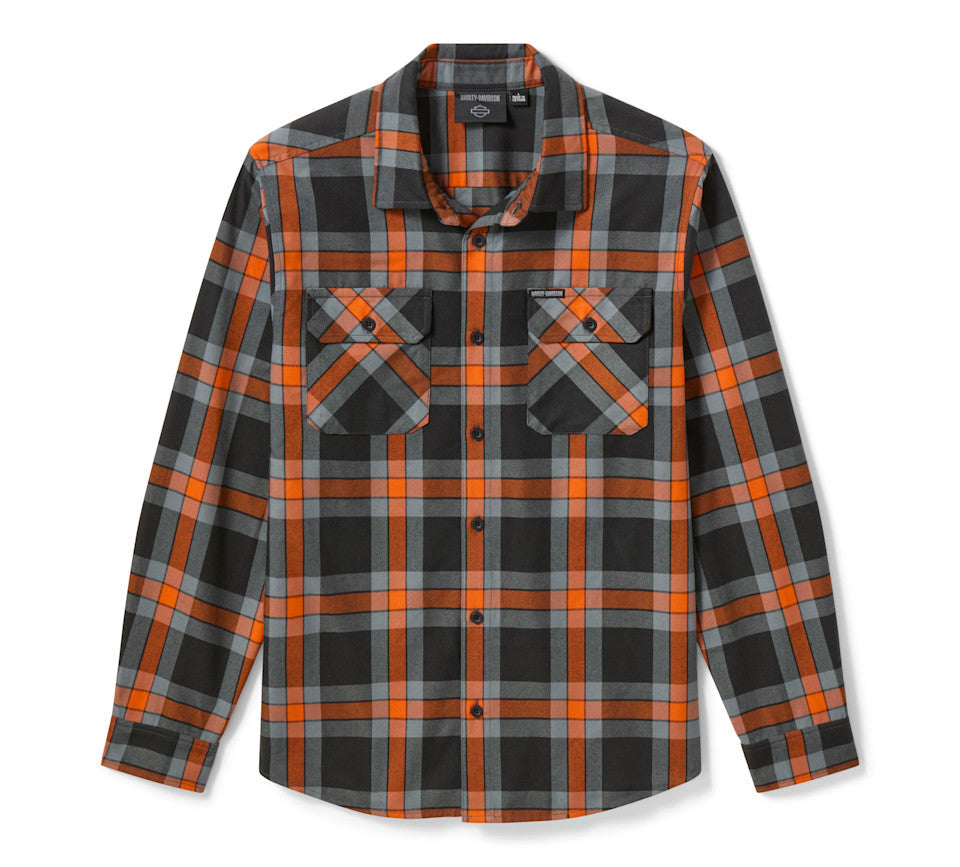 Harley-Davidson Men's H-D Standard Long Sleeve Plaid Shirt - Hawaiian Sunset & Harley Black - front view