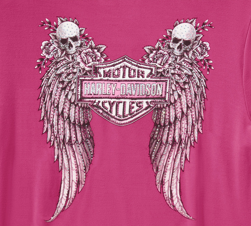 Harley-Davidson Women's Bling Angel Wings Short Sleeve Laced Front Tee