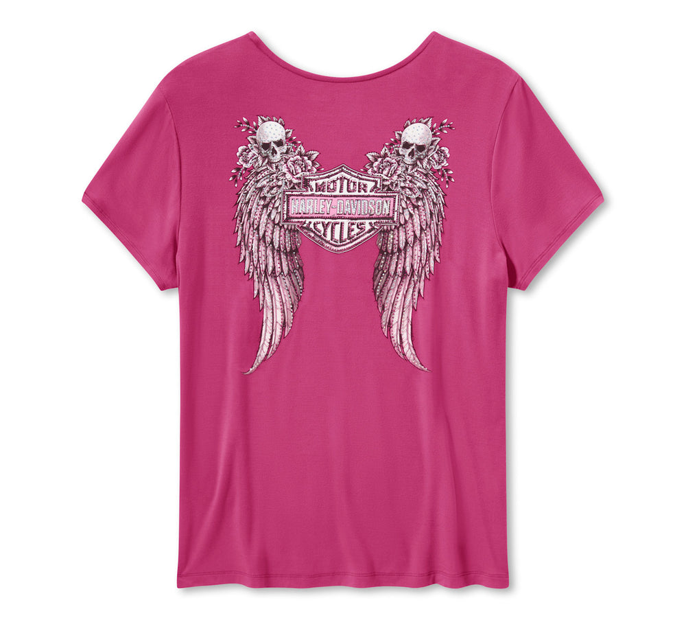 Harley-Davidson Women's Bling Angel Wings Short Sleeve Laced Front Tee