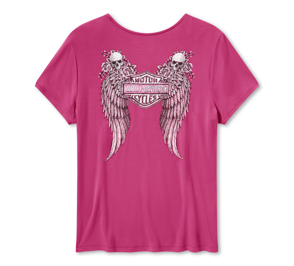 Harley-Davidson Women's Bling Angel Wings Short Sleeve Laced Front Tee
