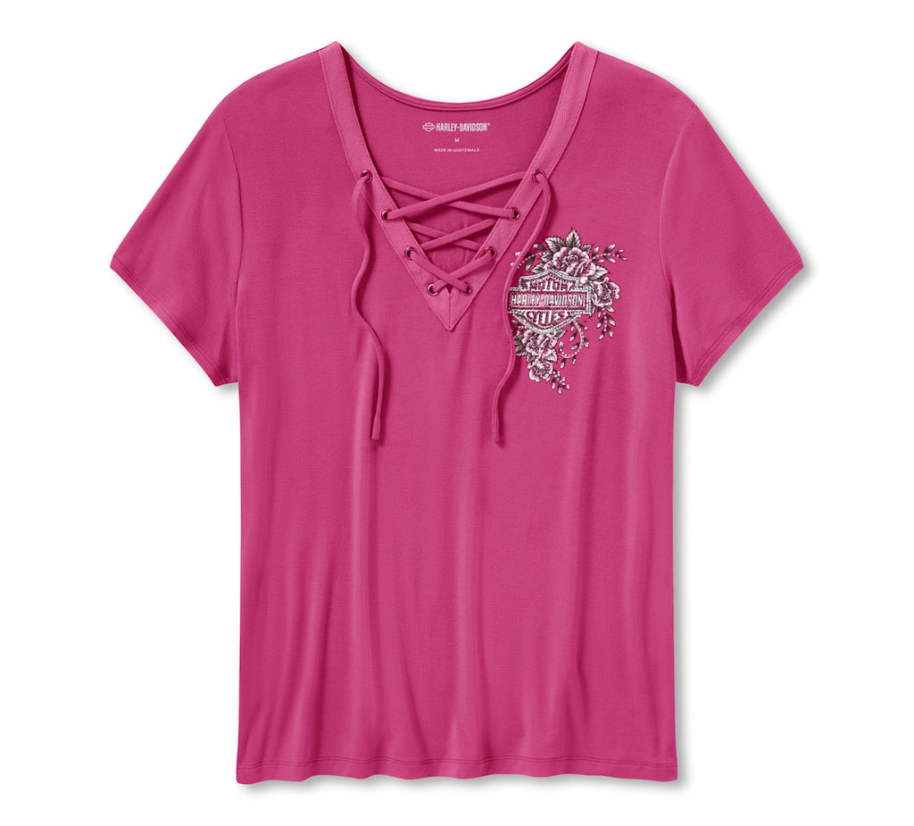 Harley-Davidson Women's Bling Angel Wings Short Sleeve Laced Front Tee