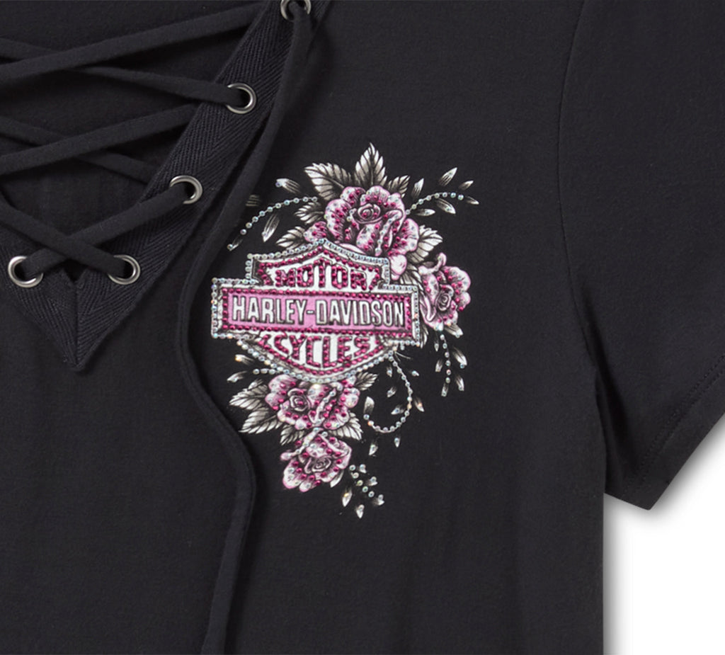Harley-Davidson Women's Bling Angel Wings Short Sleeve Laced Front Tee