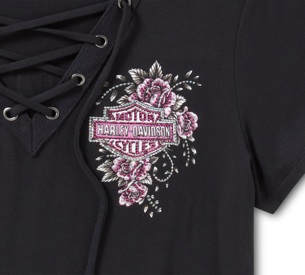 Harley-Davidson Women's Bling Angel Wings Short Sleeve Laced Front Tee