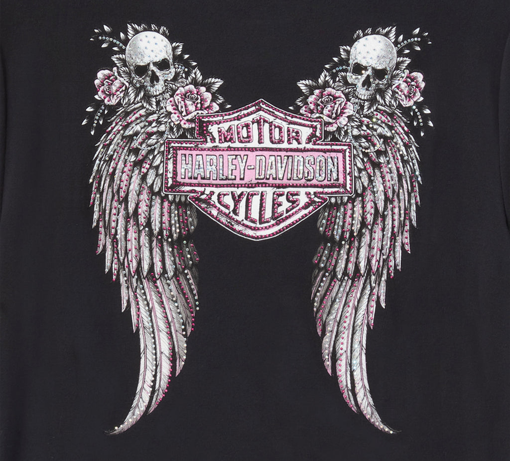 Harley-Davidson Women's Bling Angel Wings Short Sleeve Laced Front Tee