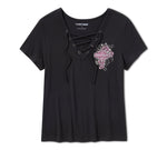 Harley-Davidson Women's Bling Angel Wings Short Sleeve Laced Front Tee