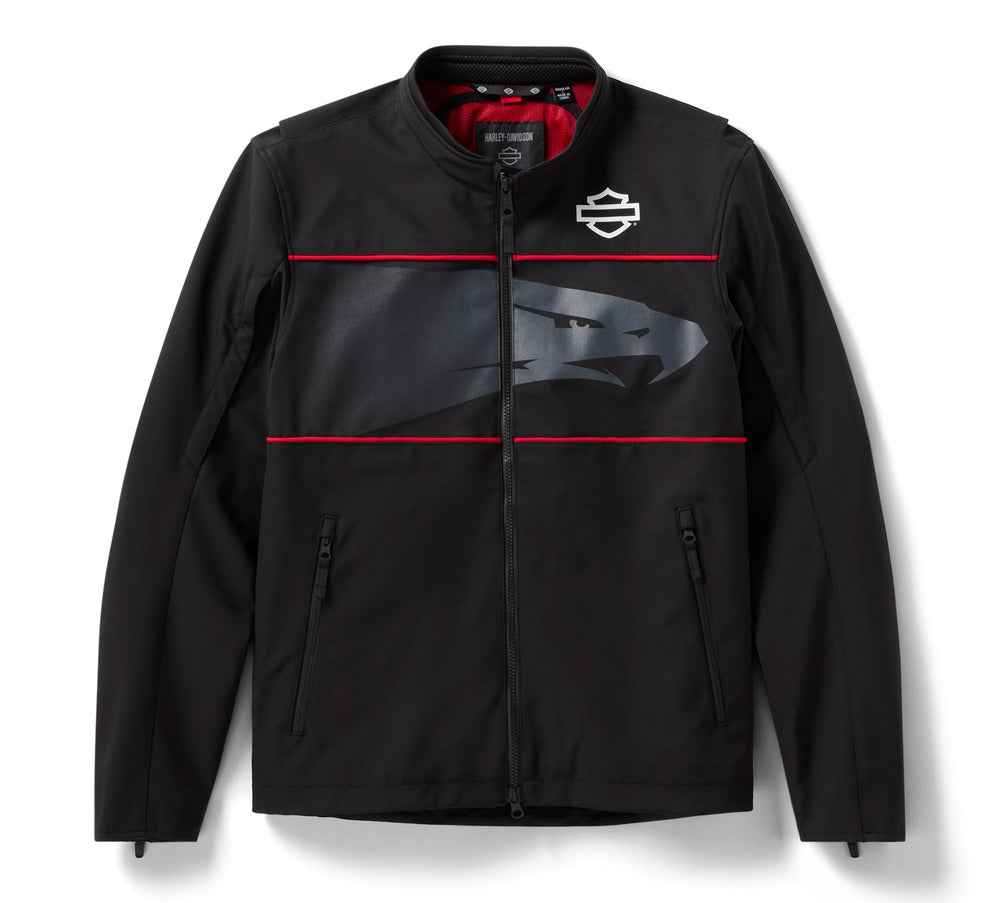 Black jacket with red accents and a logo on a white background