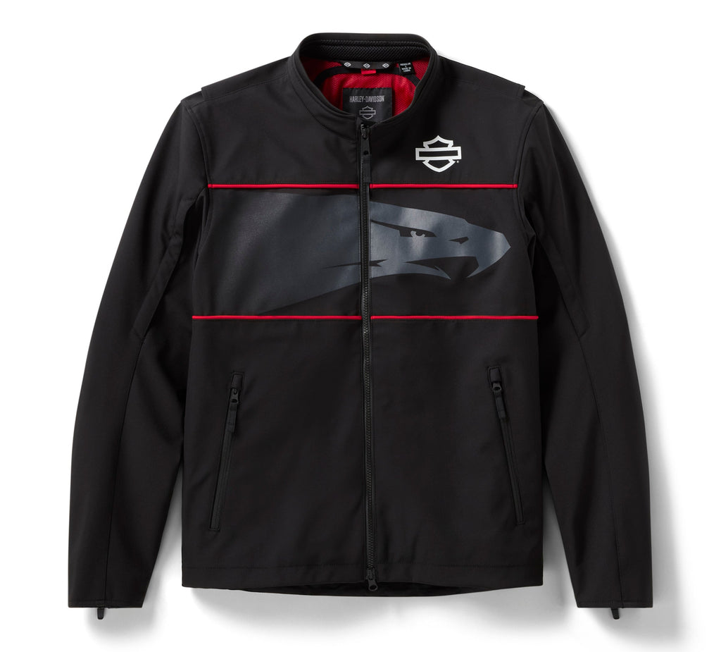Black jacket with red accents and a logo on a white background