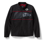 Black jacket with red accents and a logo on a white background