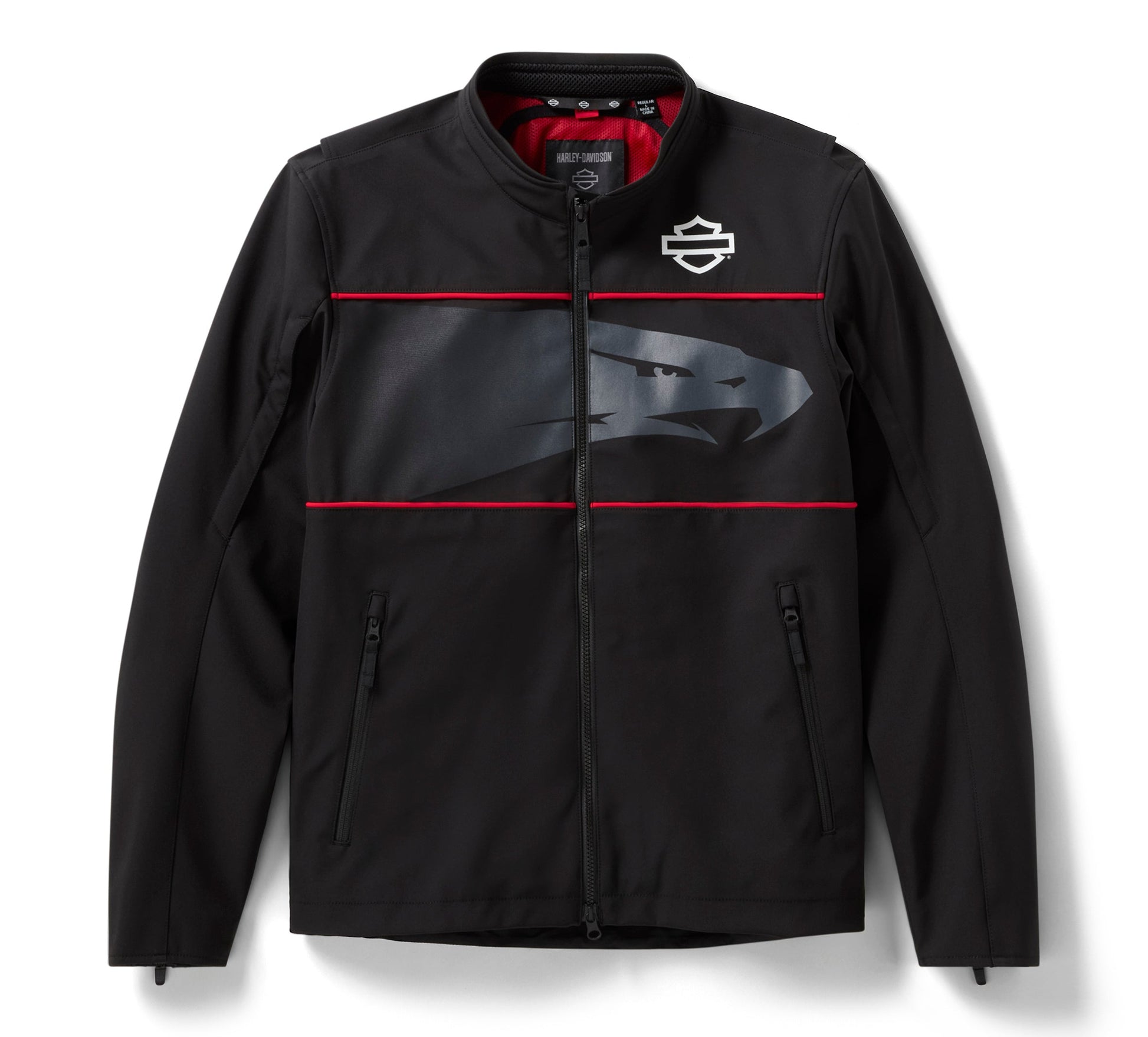 Black jacket with red accents and a logo on a white background
