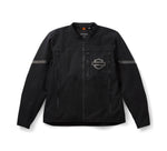 Black jacket with a brand logo on a white background