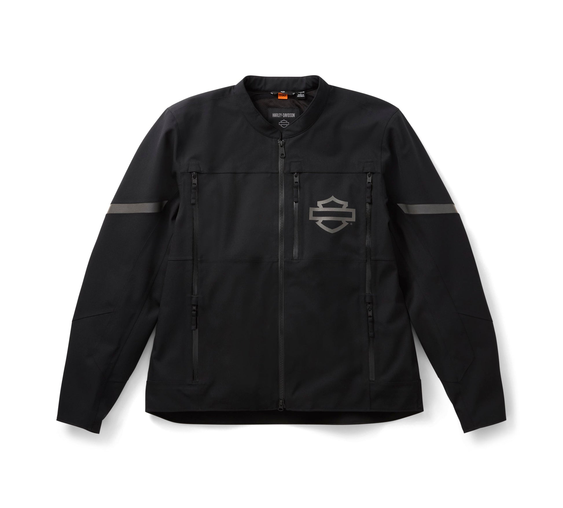Black jacket with a brand logo on a white background