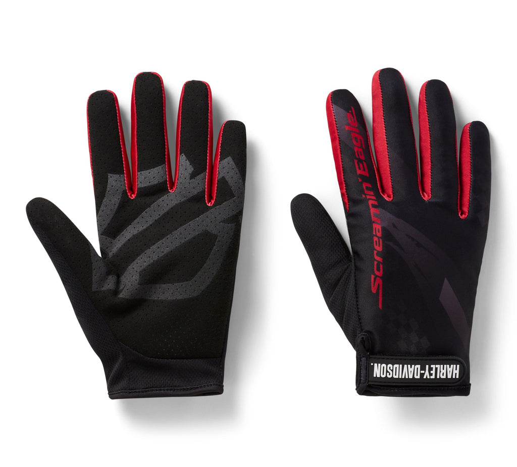 Black gloves with red accents and 'Screamin' Eagle' branding on a white background