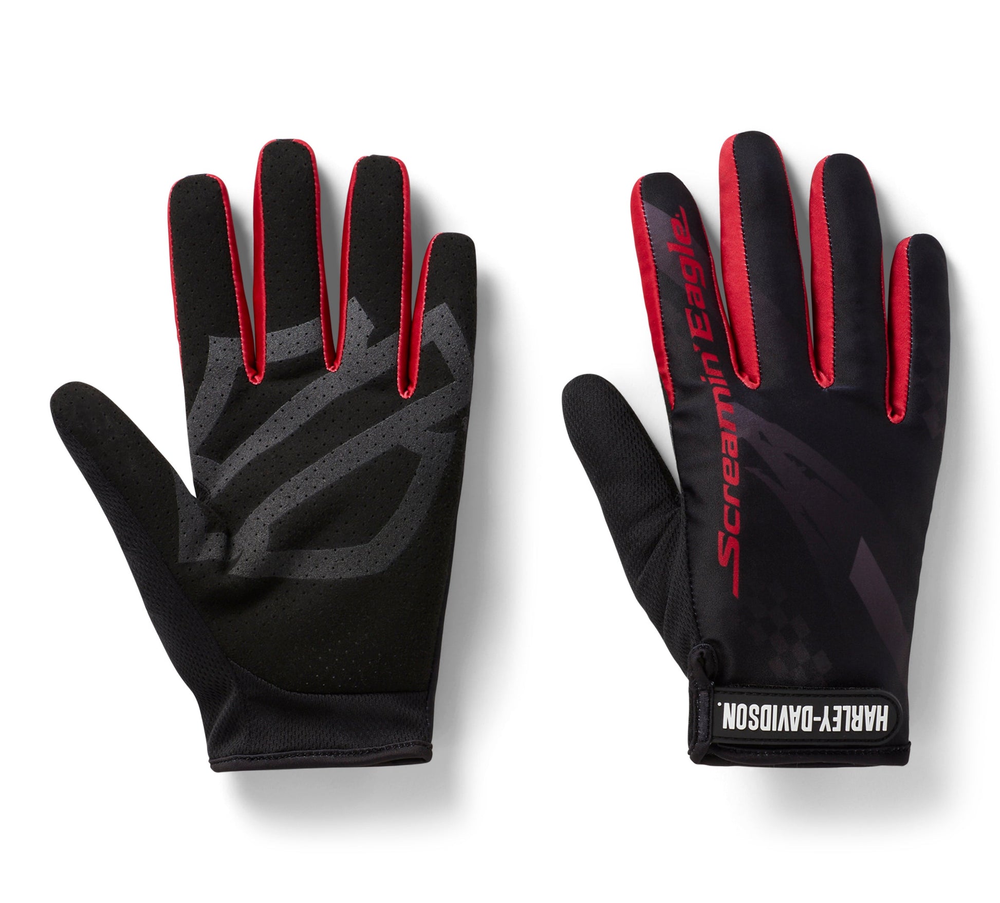 Black gloves with red accents and 'Screamin' Eagle' branding on a white background
