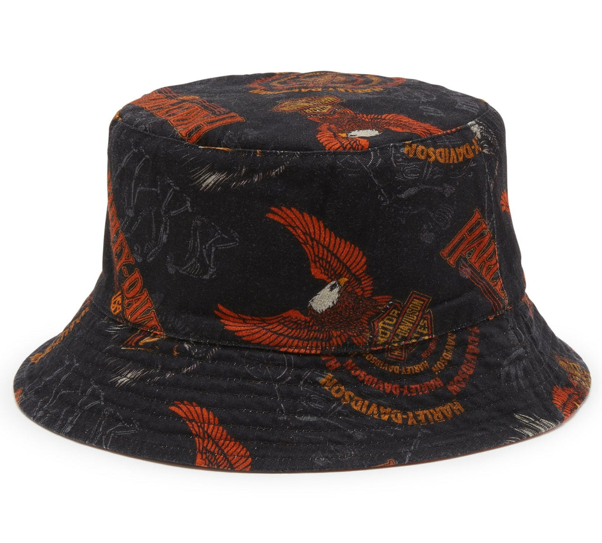 Harley-Davidson Men's '80s All-Over Print Eagle Reversible Bucket Fit Hat, Black/Orange