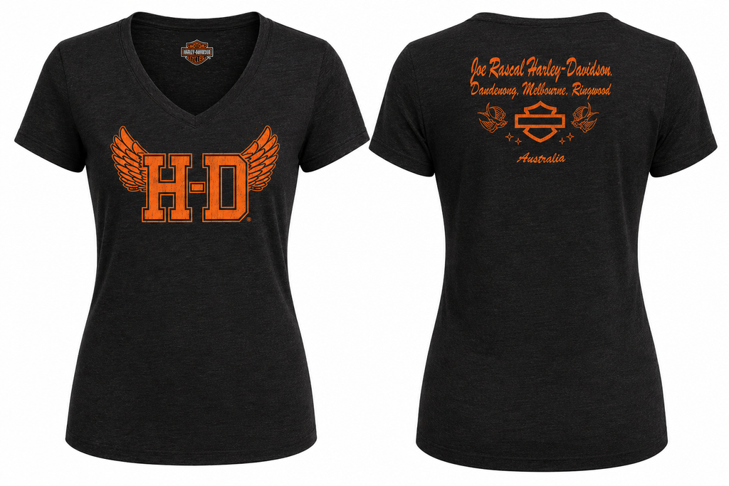Harley-Davidson Women’s Collegiate V-Neck Tee – Black | Exclusive Joe Rascal Back Print