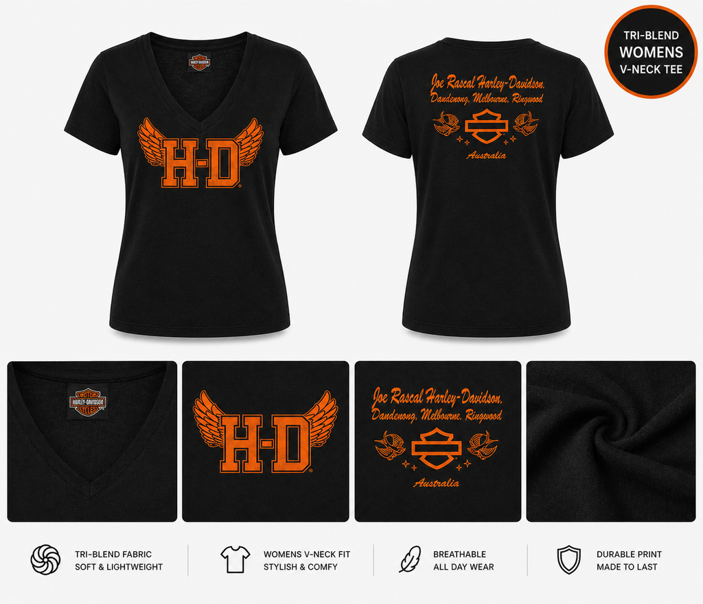 Harley-Davidson Women’s Collegiate V-Neck Tee – Black | Exclusive Joe Rascal Back Print