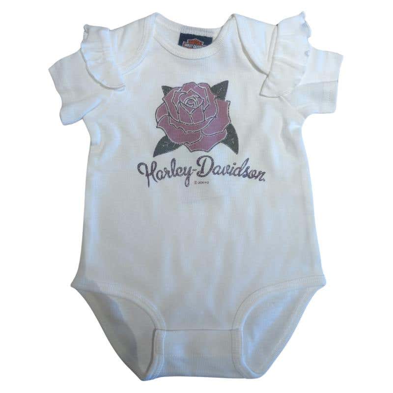 HARLEY-DAVIDSON YOUTH BABY GIRLS GLITTER ROSE RUFFLE SLEEVE INFANT CREEPER  WHITE