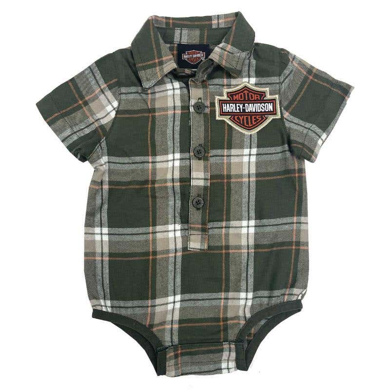 HARLEY-DAVIDSON YOUTH BABY BOYS BAR & SHIELD NEWBORN PLAID SHIRT CREEPER  GREEN