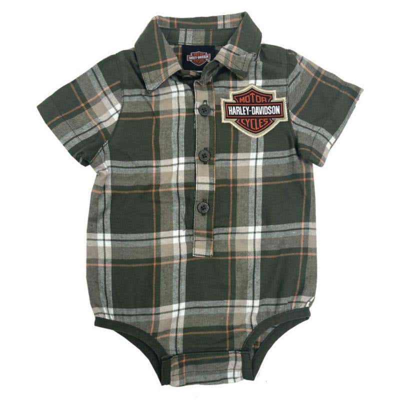 HARLEY-DAVIDSON YOUTH BABY BOYS BAR & SHIELD INFANT PLAID SHIRT CREEPER  GREEN