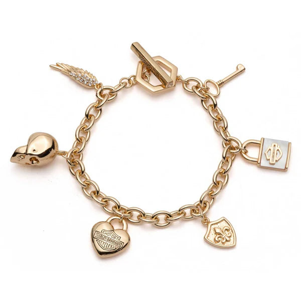 Harley-Davidson Women’s Mother of Pearl Logo Charm Toggle Bracelet – Gold Brass