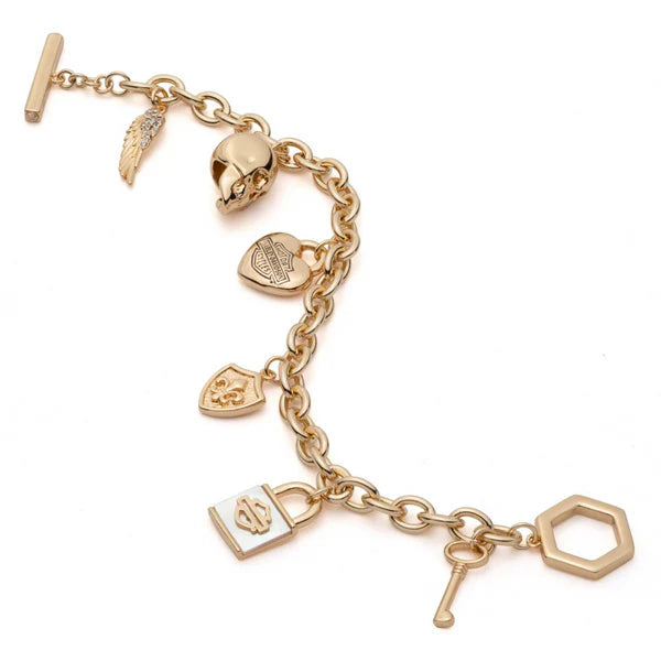 Harley-Davidson Women’s Mother of Pearl Logo Charm Toggle Bracelet – Gold Brass