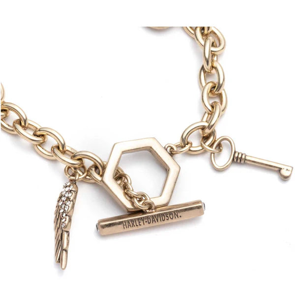 Harley-Davidson Women’s Mother of Pearl Logo Charm Toggle Bracelet – Gold Brass