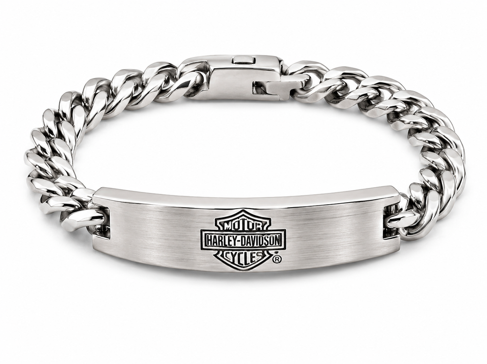 Harley-Davidson Mens 9In Stainless Steel Etched Camo Print B&S Curb Link Flex Bracelet