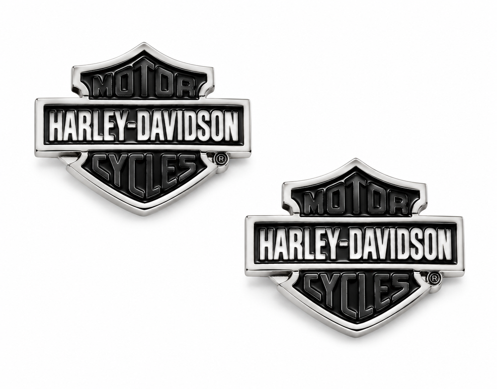 Harley-Davidson Womens Brass With Silver Tone Plate B&S Stud Earrings With Semi-Precious Onyx Stainless Inlay And Crsteel Stainless S