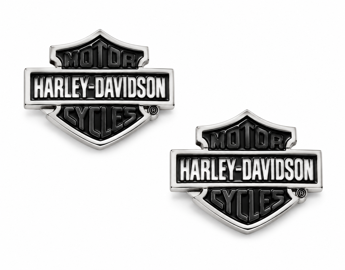 Harley-Davidson Womens Brass With Silver Tone Plate B&S Stud Earrings With Semi-Precious Onyx Stainless Inlay And Crsteel Stainless S