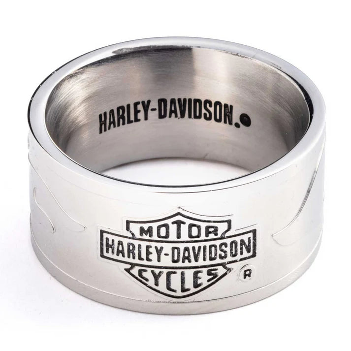 Harley-Davidson Men’s Bar & Shield Raised Flame Band Ring – Stainless Steel