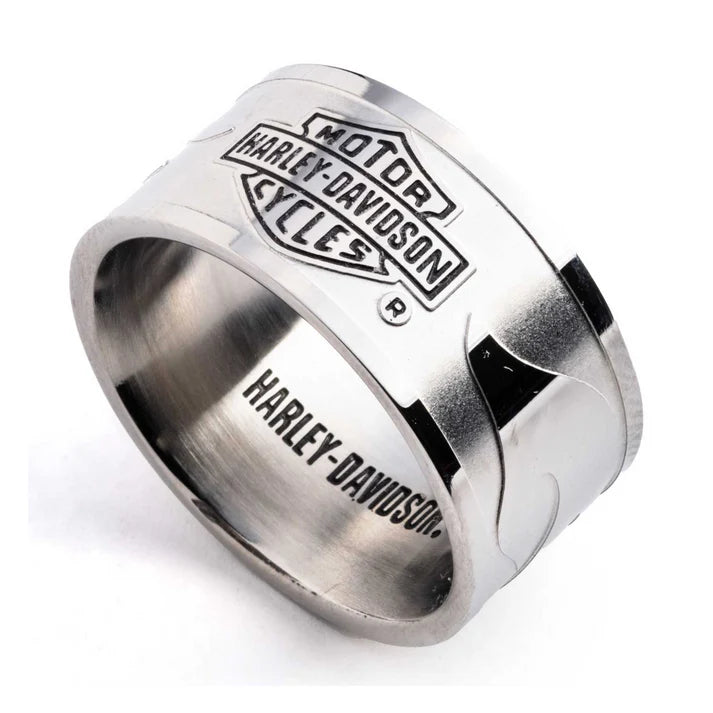 Harley-Davidson Men’s Bar & Shield Raised Flame Band Ring – Stainless Steel