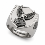 Harley-Davidson Mens  Stainless Steel Flying Eagle B&S Crest Ring With White Howlite Stainless Inlay