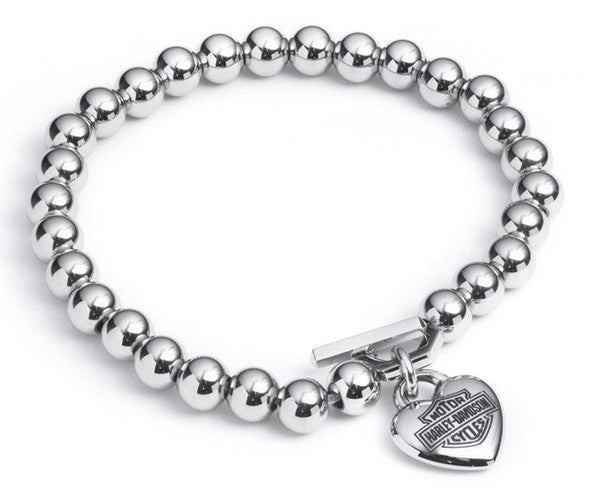 Harley-Davidson® Women’s 7.5” Stretched Bead Bracelet w/ Puffy Heart Charm – Stainless Steel