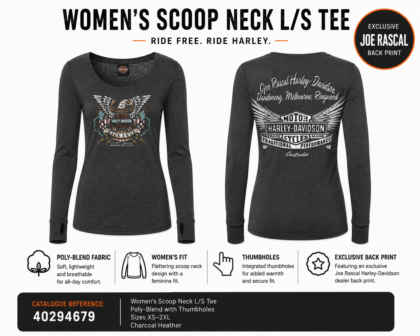 Harley-Davidson® Women's Scoop Neck Long Sleeve Tee | Charcoal Heather
